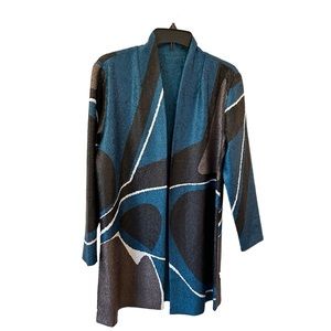 Chicos Travelers Abstract Crushed Teal and Black Jacket Size 2 US L Reversible
